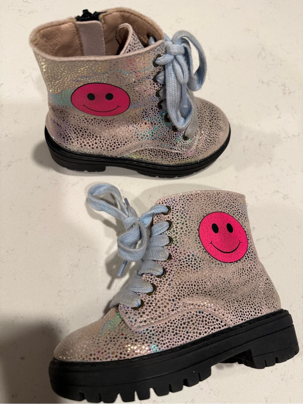 Lola + The Boys Pink Glitter Holographic Lace-Up Boots with Hot Pink Smile Patch